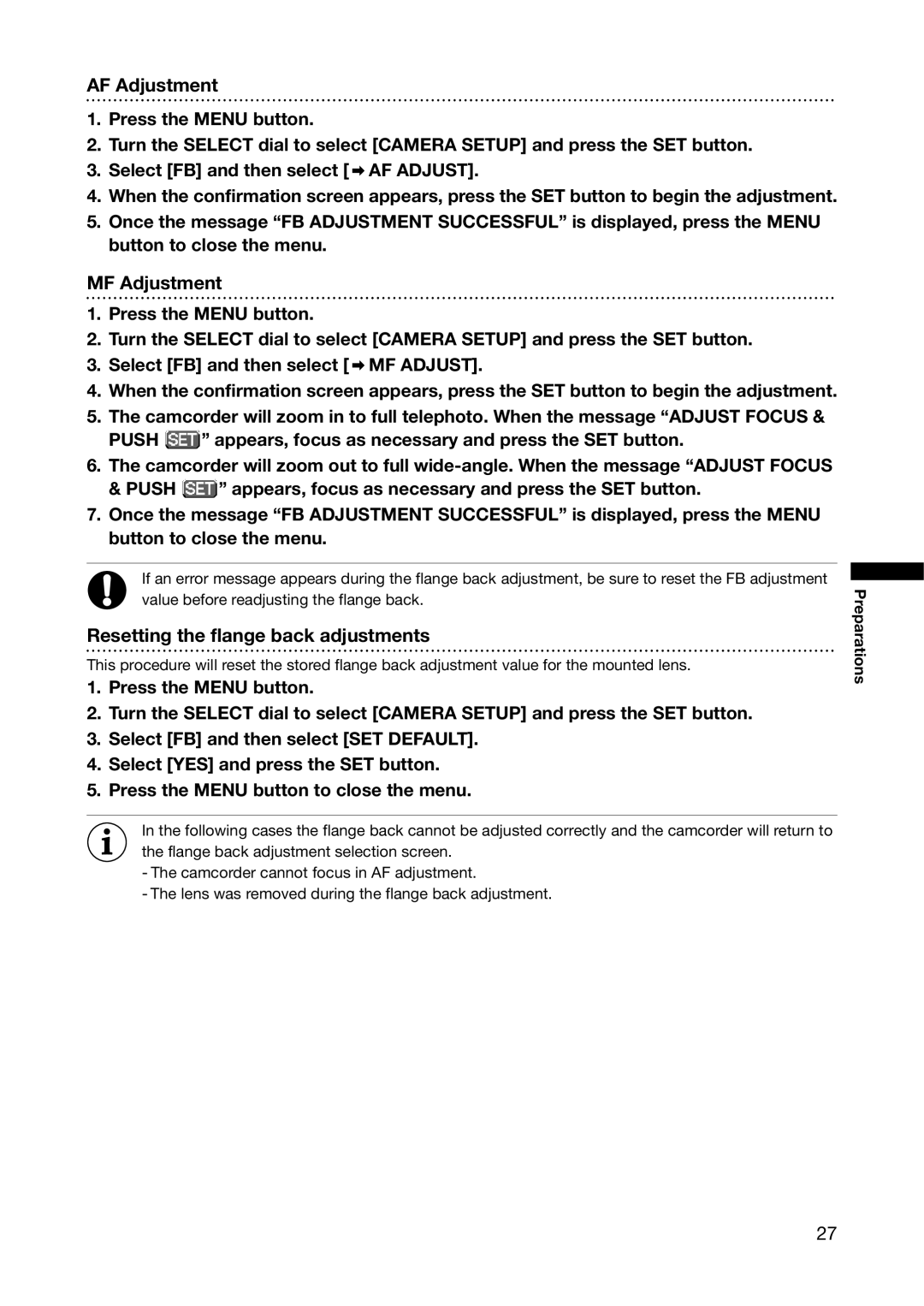 Canon XL H1A, XL H1S instruction manual AF Adjustment, MF Adjustment, Resetting the flange back adjustments 