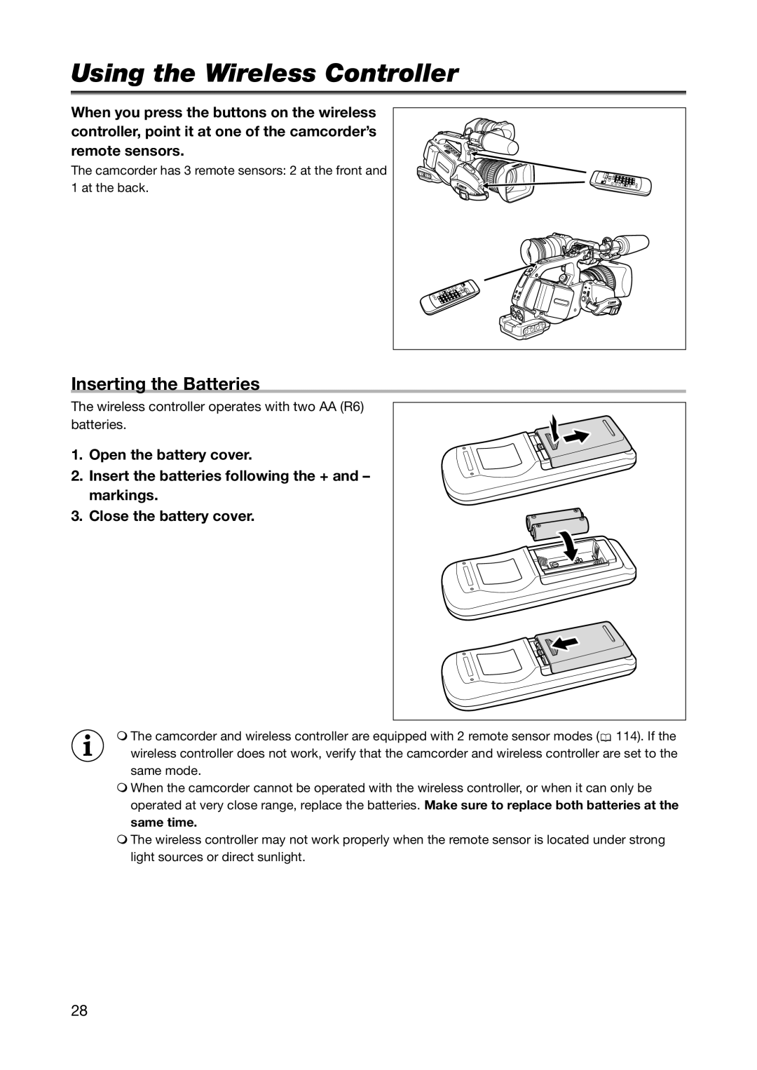 Canon XL H1S, XL H1A instruction manual Using the Wireless Controller, Inserting the Batteries 