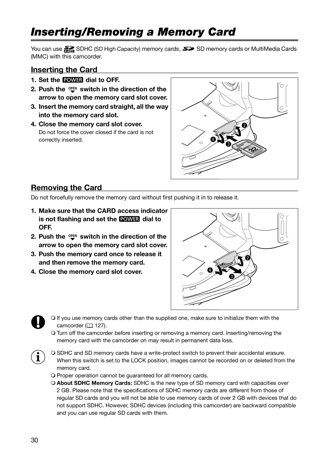 Canon XL H1S, XL H1A instruction manual Inserting/Removing a Memory Card, Inserting the Card, Removing the Card 