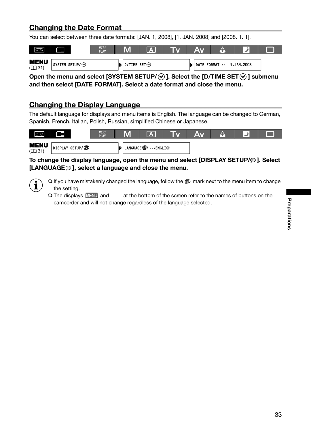 Canon XL H1A, XL H1S instruction manual Changing the Date Format, Changing the Display Language 