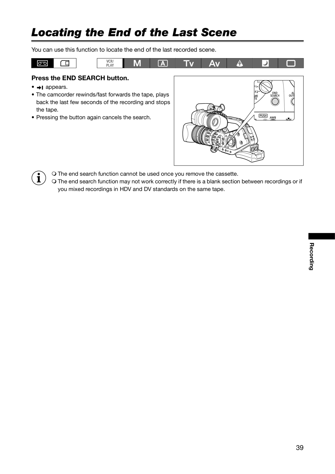 Canon XL H1A, XL H1S instruction manual Locating the End of the Last Scene, Press the END Search button 