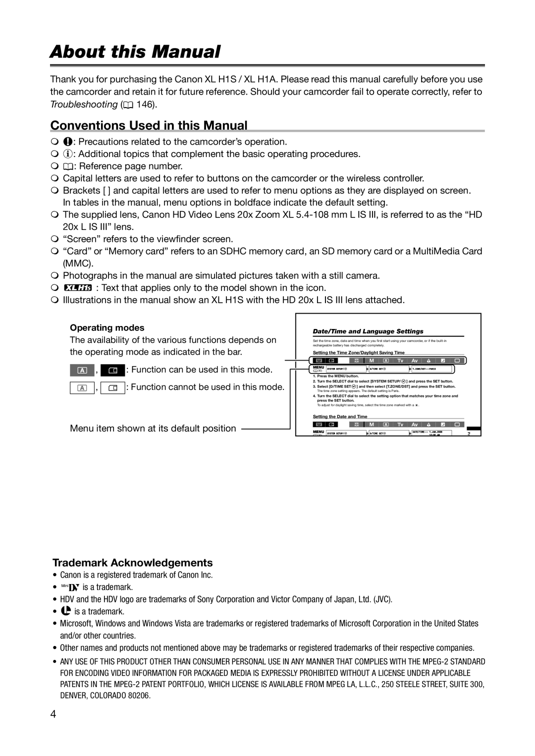 Canon XL H1S, XL H1A About this Manual, Conventions Used in this Manual, Trademark Acknowledgements, Operating modes 