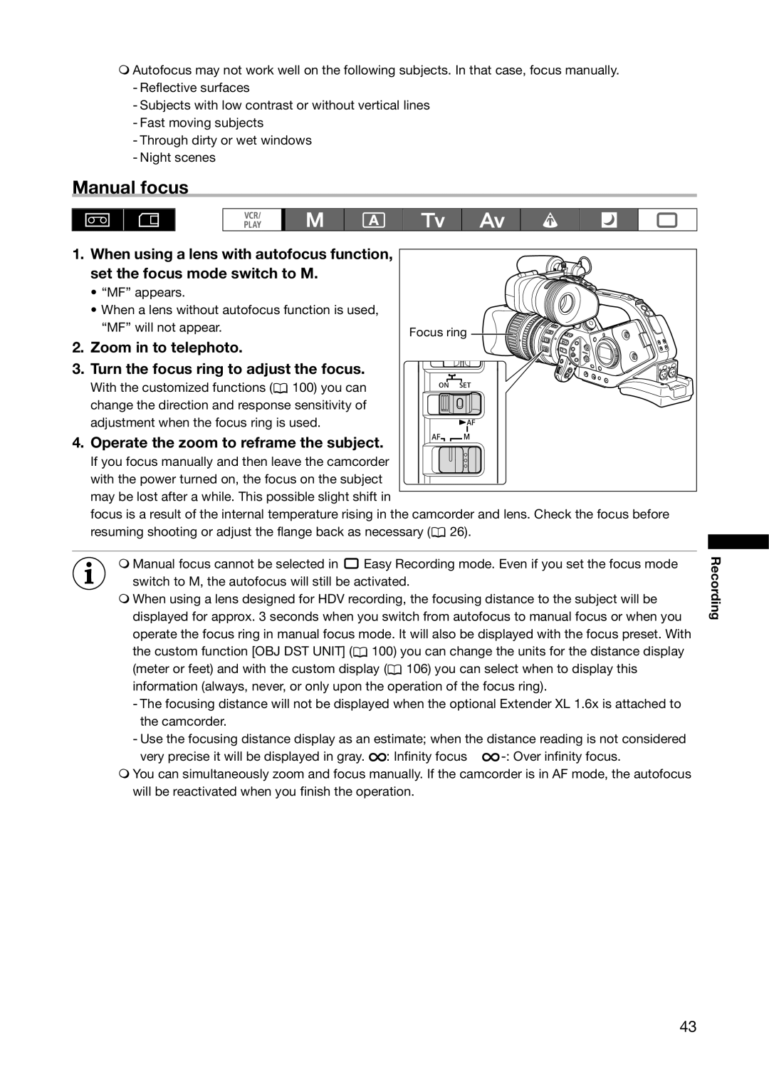 Canon XL H1A, XL H1S instruction manual Manual focus, Zoom in to telephoto, Turn the focus ring to adjust the focus 