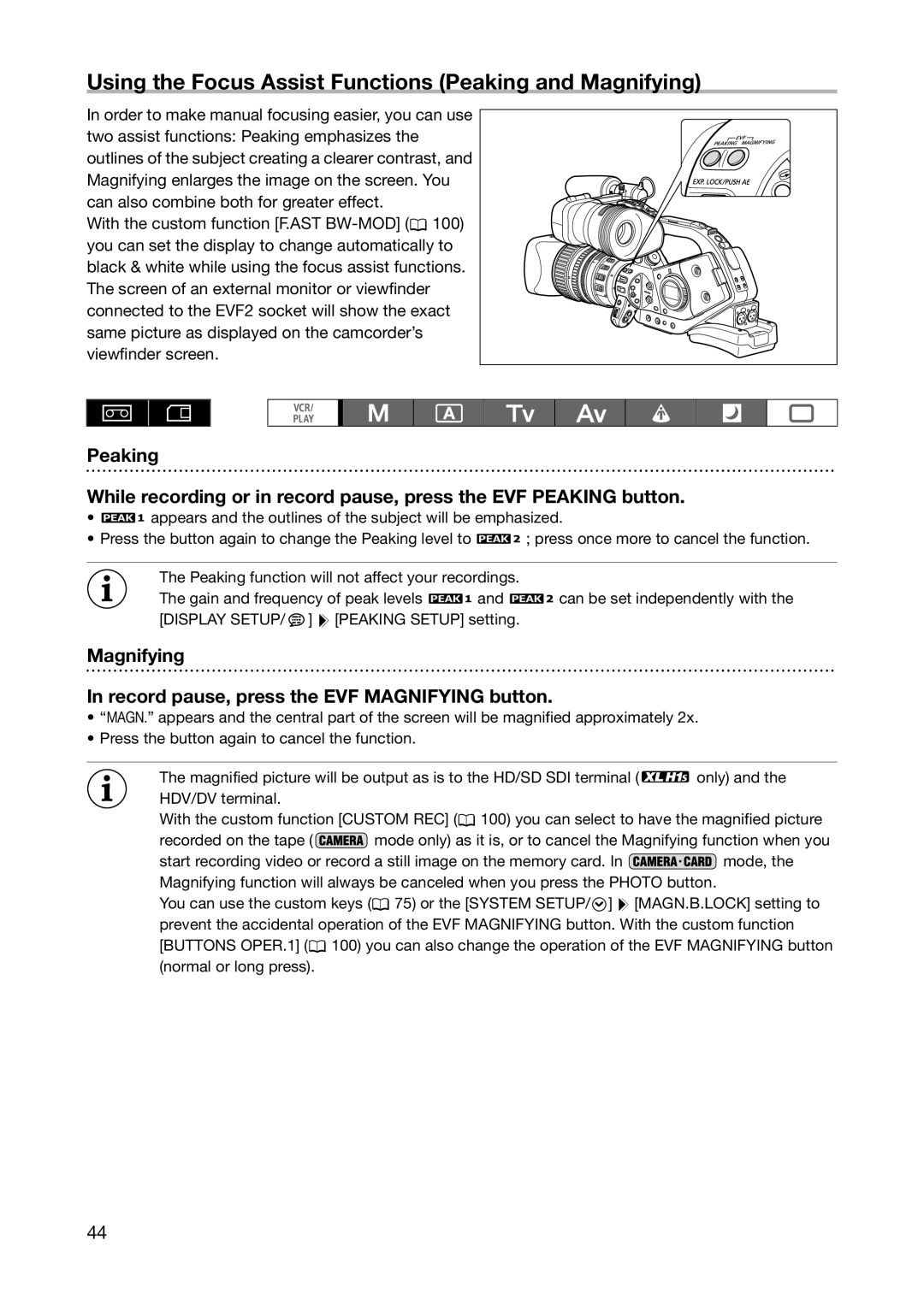 Canon XL H1S, XL H1A instruction manual Using the Focus Assist Functions Peaking and Magnifying 