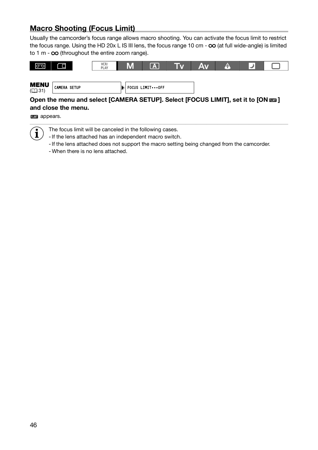 Canon XL H1S, XL H1A instruction manual Macro Shooting Focus Limit 