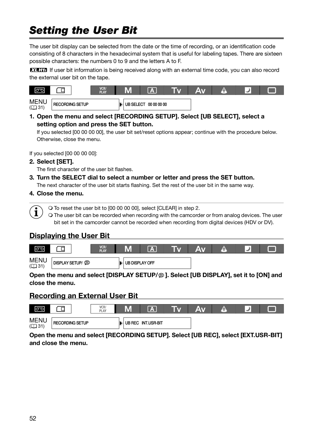 Canon XL H1S, XL H1A instruction manual Setting the User Bit, Displaying the User Bit, Recording an External User Bit 