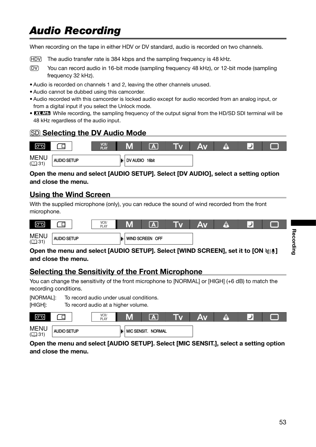 Canon XL H1A, XL H1S instruction manual Audio Recording, SD Selecting the DV Audio Mode, Using the Wind Screen 