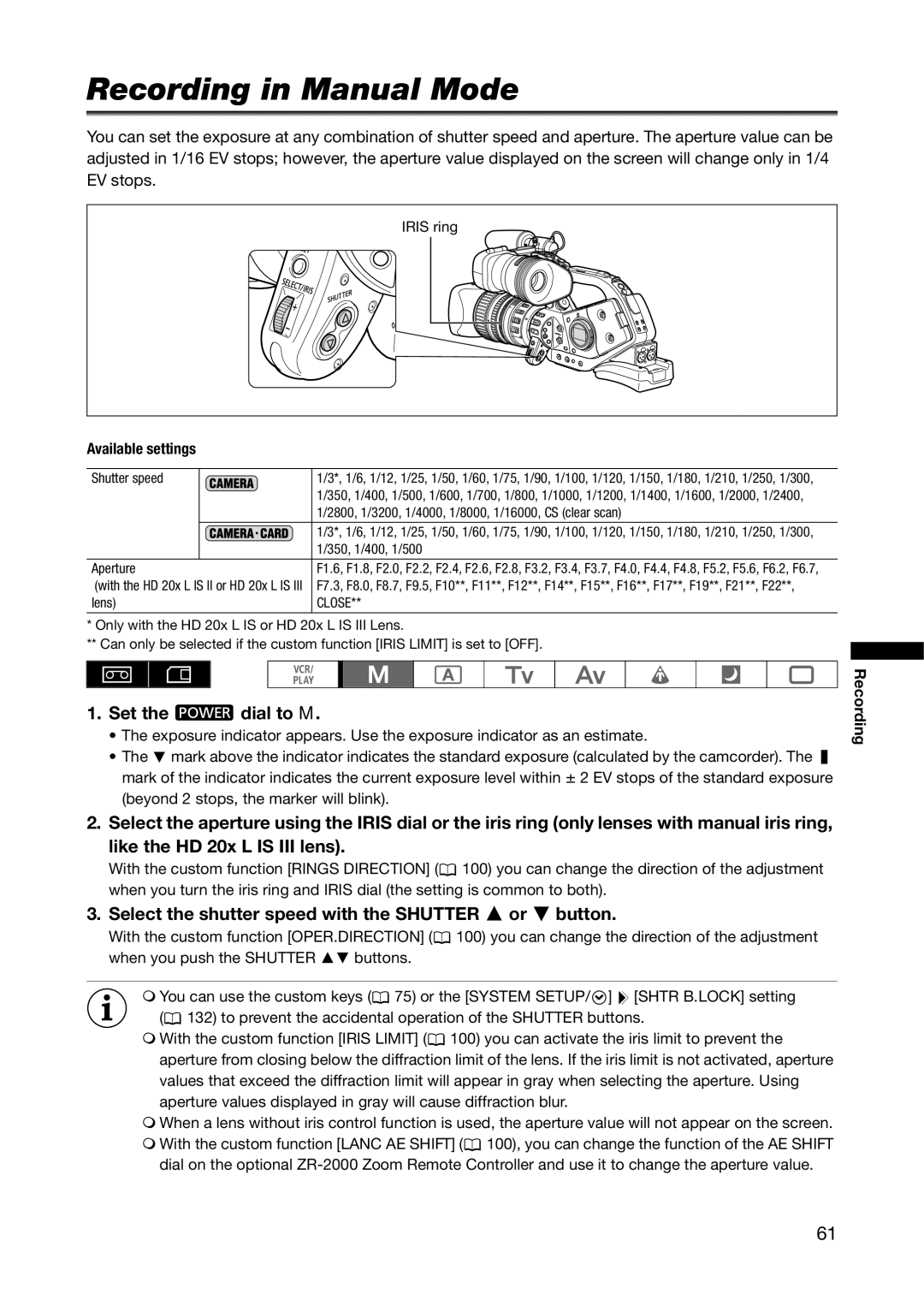 Canon XL H1A, XL H1S Recording in Manual Mode, Set the dial to M, Select the shutter speed with the Shutter or button 