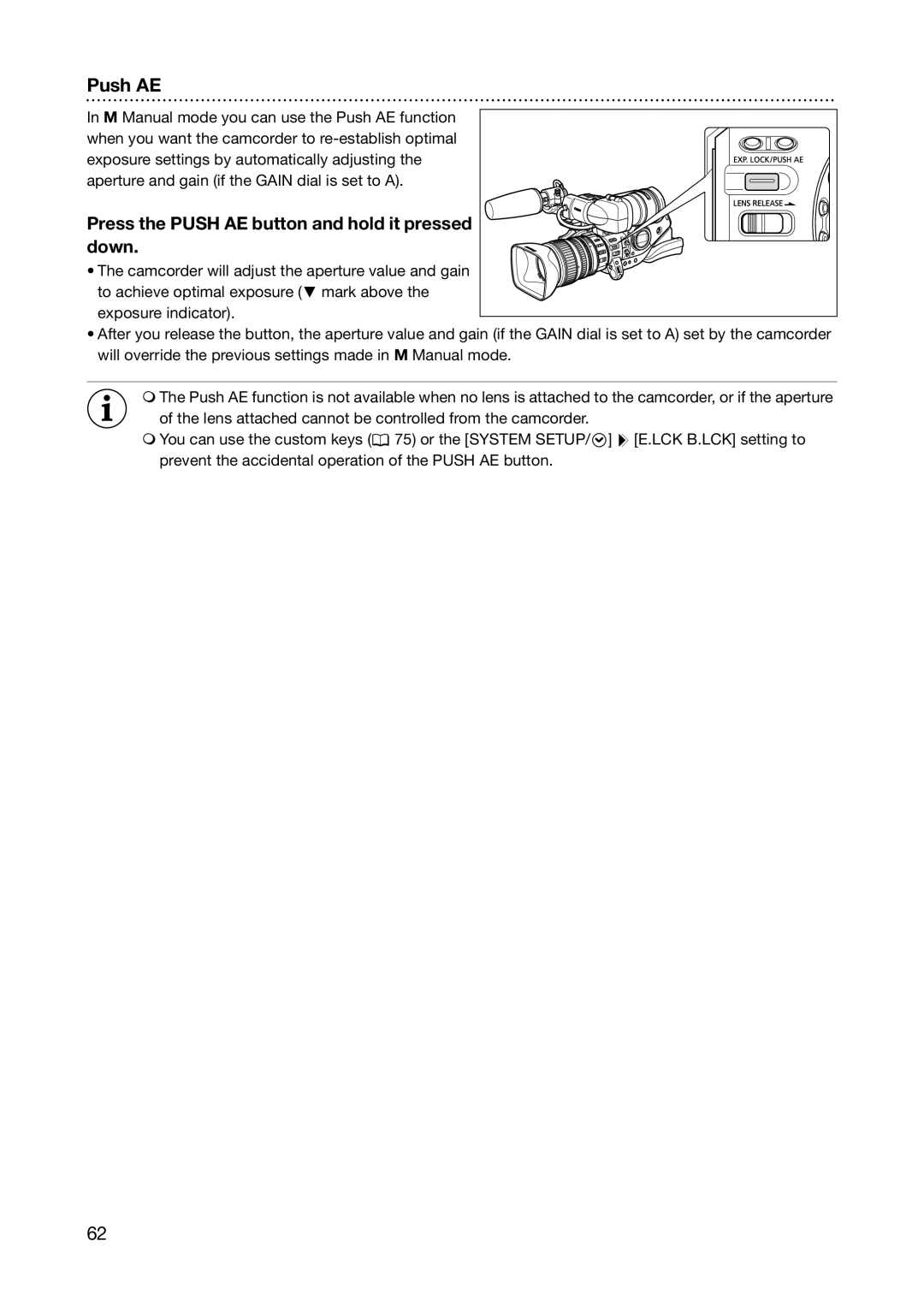 Canon XL H1S, XL H1A instruction manual Press the Push AE button and hold it pressed down 