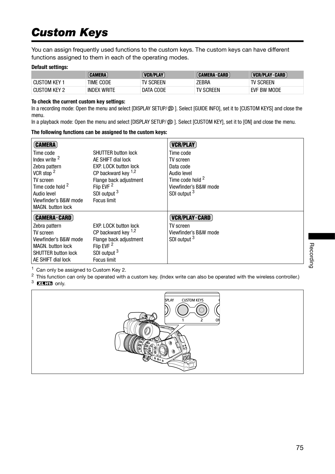 Canon XL H1A, XL H1S instruction manual Custom Keys, Default settings, To check the current custom key settings 