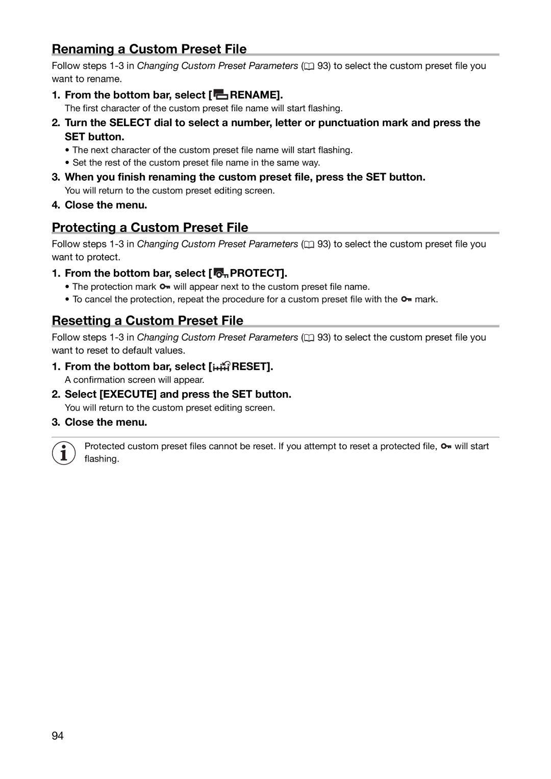 Canon XL H1S, XL H1A Renaming a Custom Preset File, Protecting a Custom Preset File, Resetting a Custom Preset File 