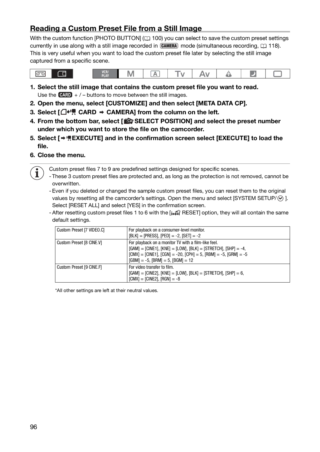 Canon XL H1S, XL H1A instruction manual Reading a Custom Preset File from a Still Image 