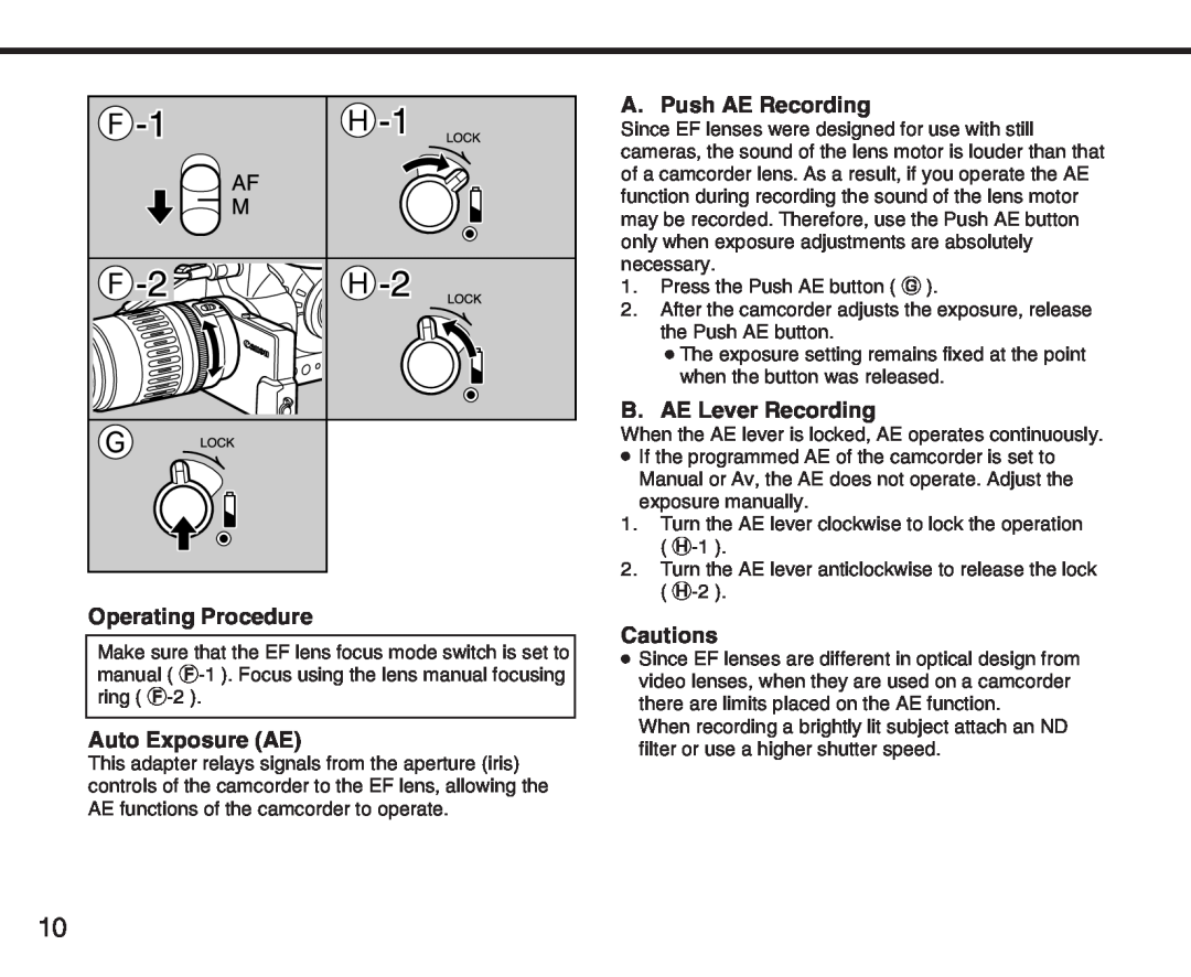 Canon XL manual Operating Procedure, Auto Exposure AE, A. Push AE Recording, B. AE Lever Recording, Cautions 
