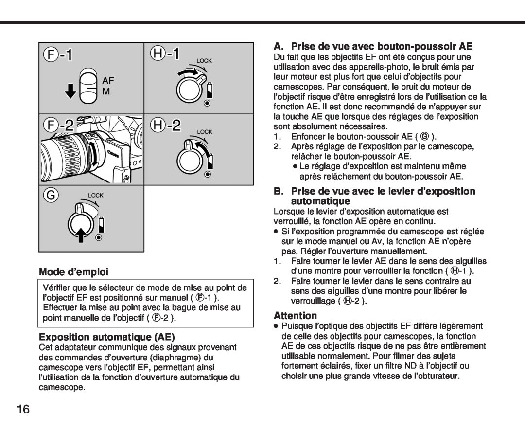 Canon XL manual Mode d’emploi, Exposition automatique AE, A. Prise de vue avec bouton-poussoir AE 
