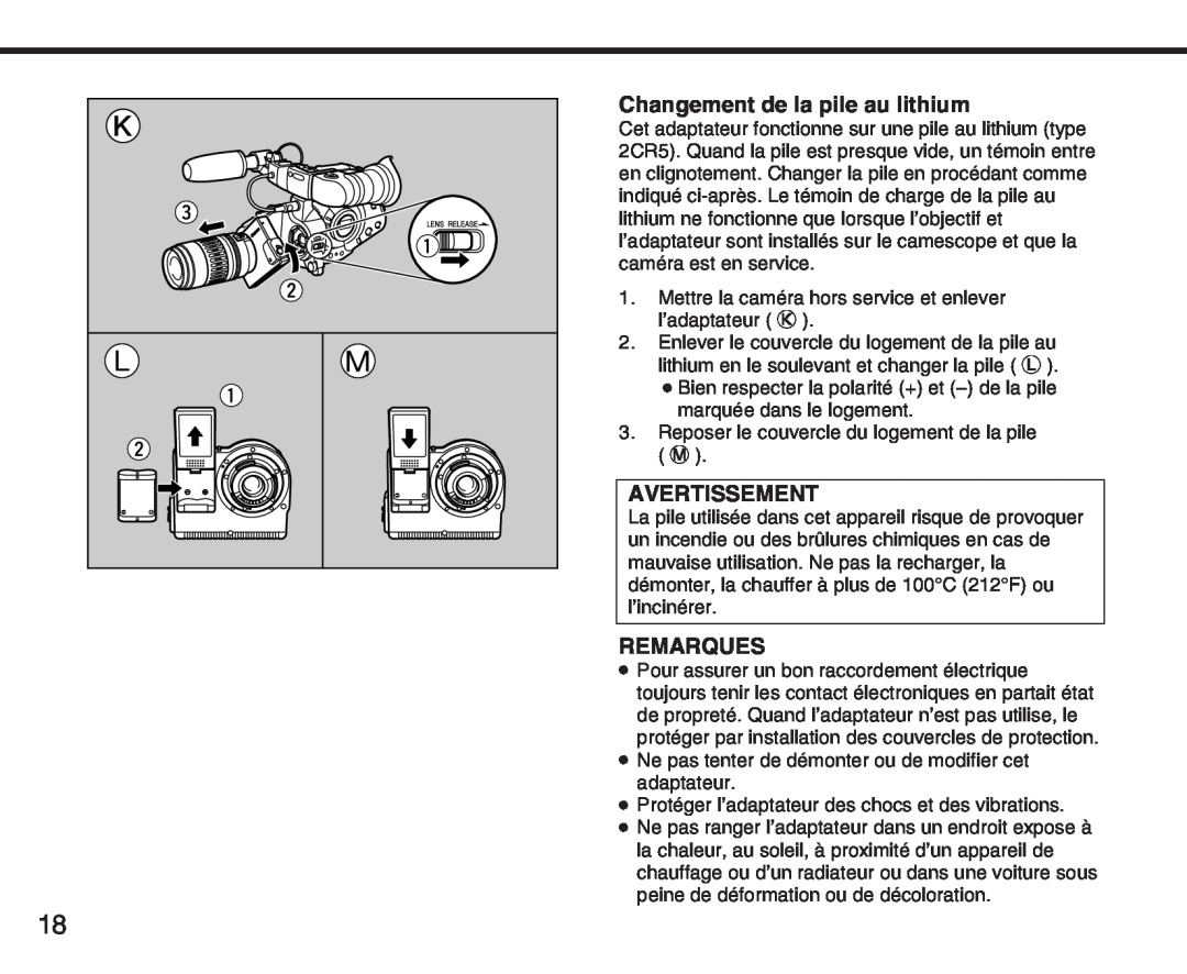 Canon XL manual Changement de la pile au lithium, Avertissement, Remarques 