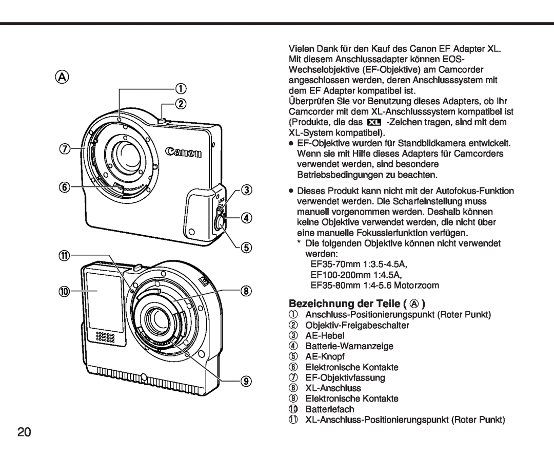 Canon XL manual Bezeichnung der Teile A 