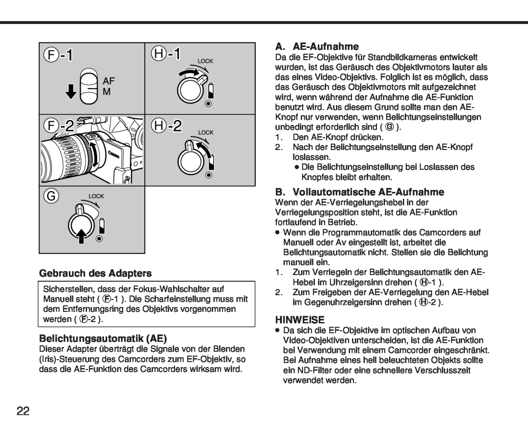 Canon XL manual Gebrauch des Adapters, Belichtungsautomatik AE, A. AE-Aufnahme, B. Vollautomatische AE-Aufnahme, Hinweise 
