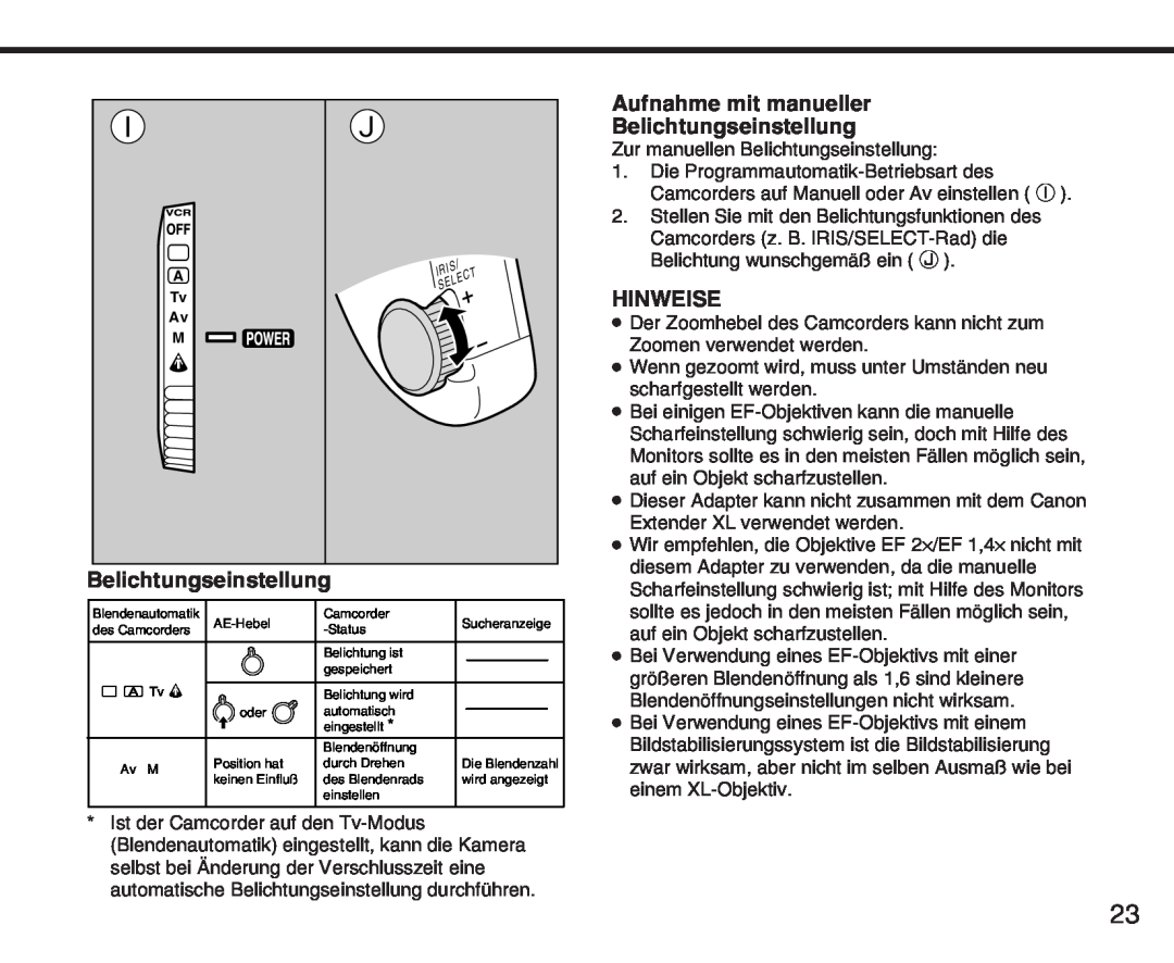 Canon XL manual Aufnahme mit manueller Belichtungseinstellung, Hinweise, Zur manuellen Belichtungseinstellung 