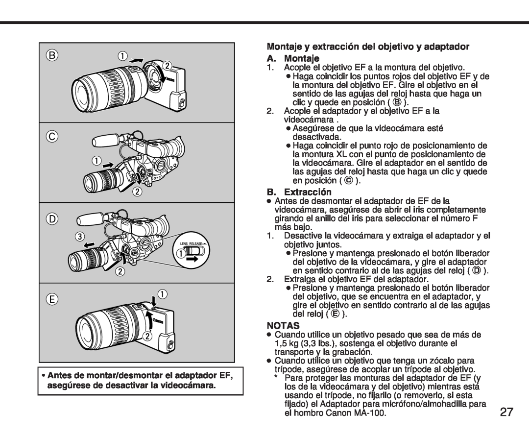 Canon XL manual Montaje y extracción del objetivo y adaptador A. Montaje, B. Extracción, Notas 
