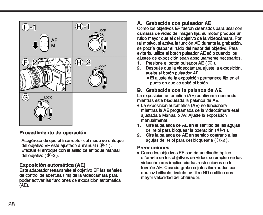 Canon XL manual Procedimiento de operación, Exposición automática AE, A. Grabación con pulsador AE, Precauciones 