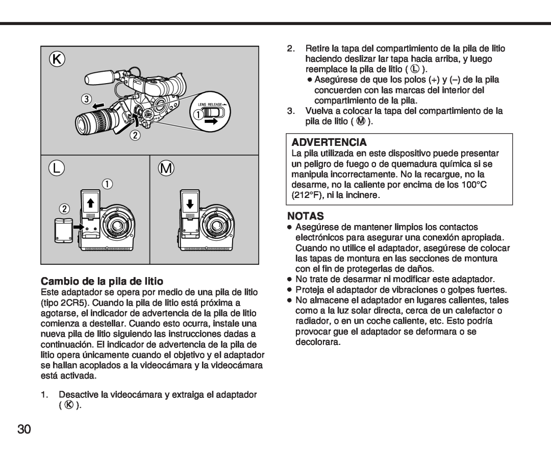 Canon XL manual Cambio de la pila de litio, Advertencia, Notas 