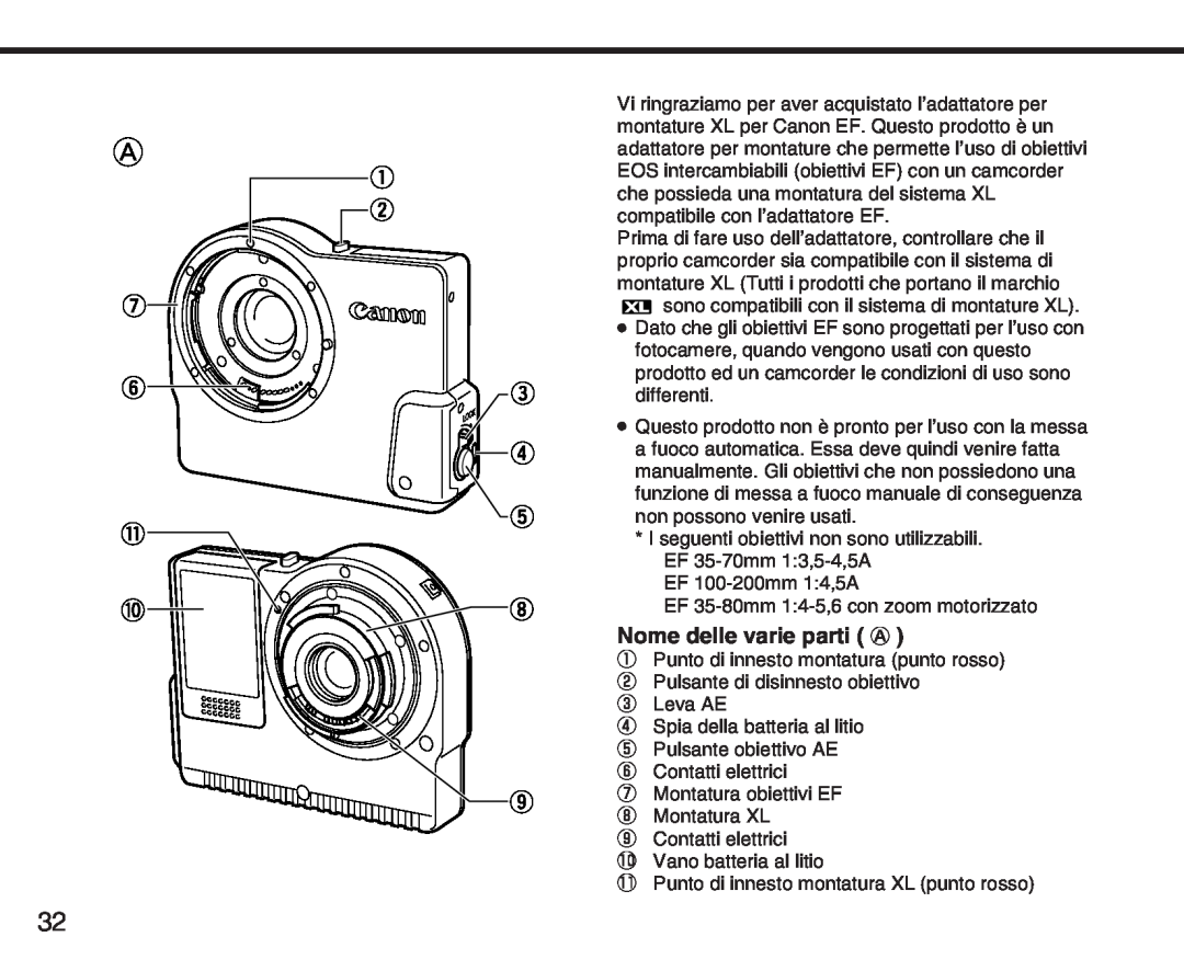 Canon XL manual Nome delle varie parti A 