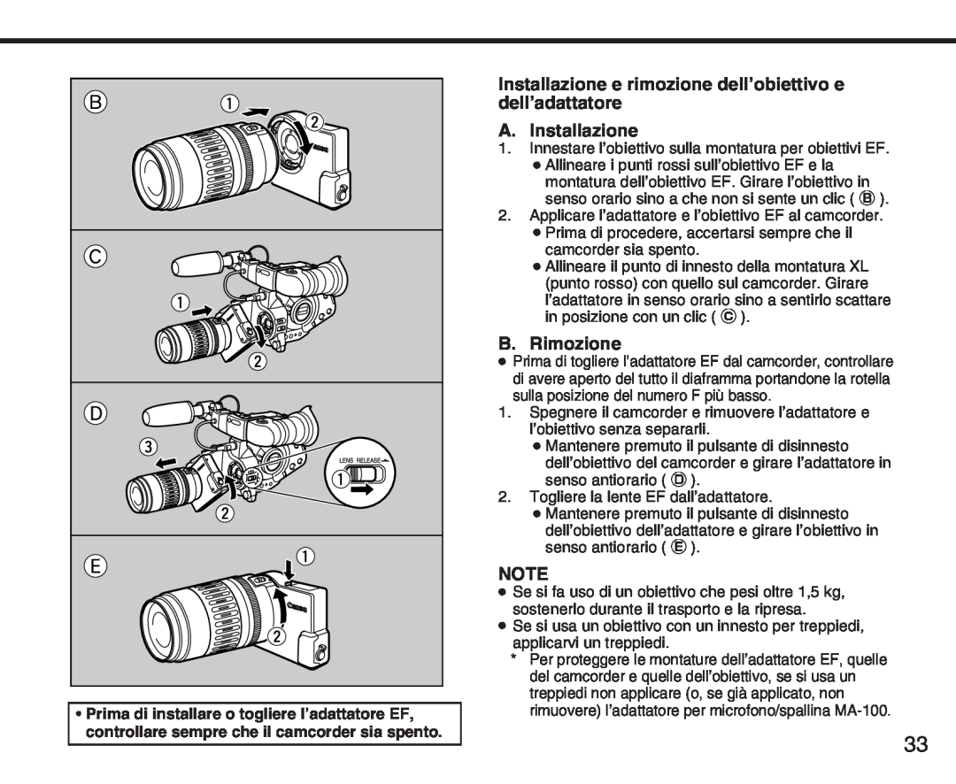 Canon XL manual Installazione e rimozione dell’obiettivo e dell’adattatore, A. Installazione, B. Rimozione 