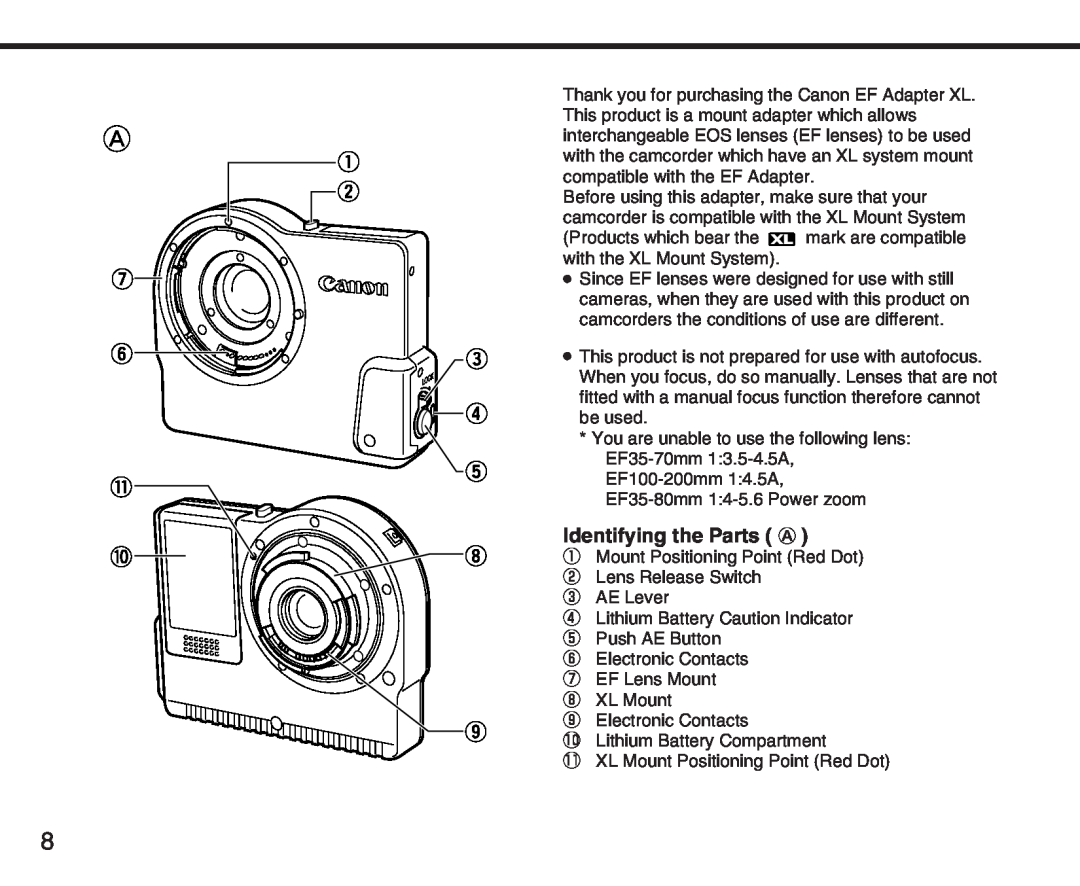 Canon XL manual Identifying the Parts A 