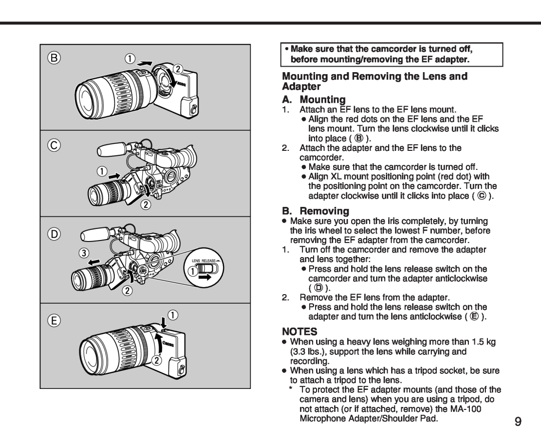 Canon XL manual Mounting and Removing the Lens and Adapter A. Mounting, B. Removing 