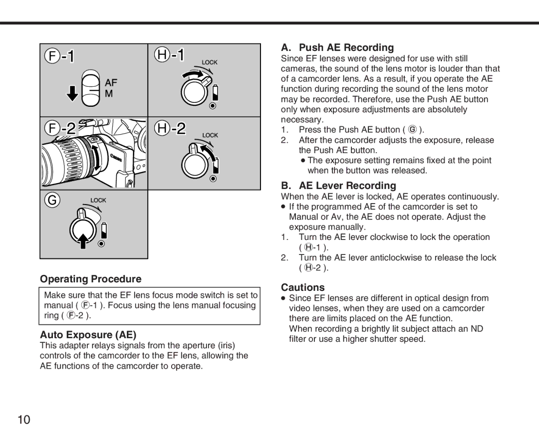 Canon XL manual Operating Procedure, Auto Exposure AE, Push AE Recording, AE Lever Recording 