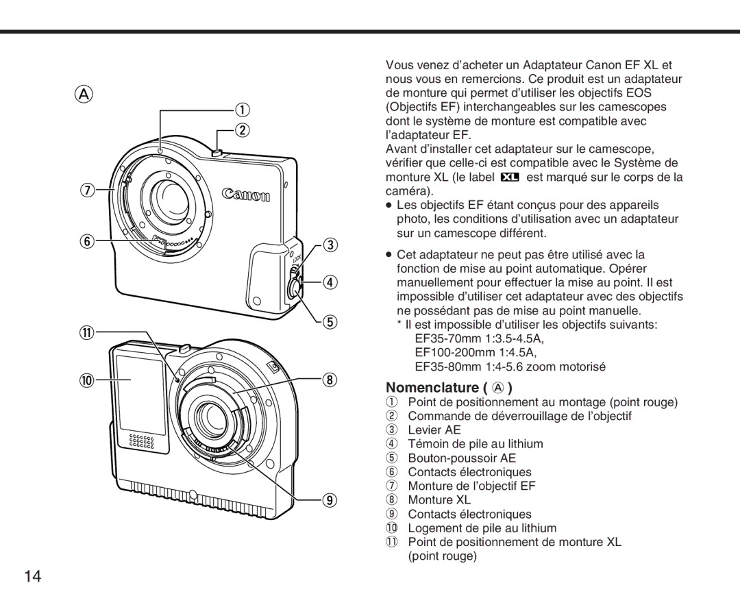 Canon XL manual Nomenclature a 