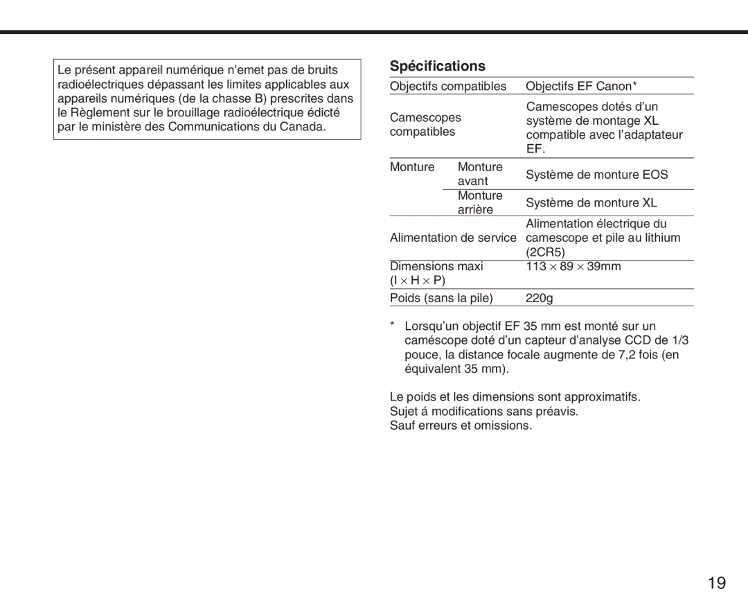 Canon XL manual Spécifications, Camescope et pile au lithium, 2CR5, Sauf erreurs et omissions 