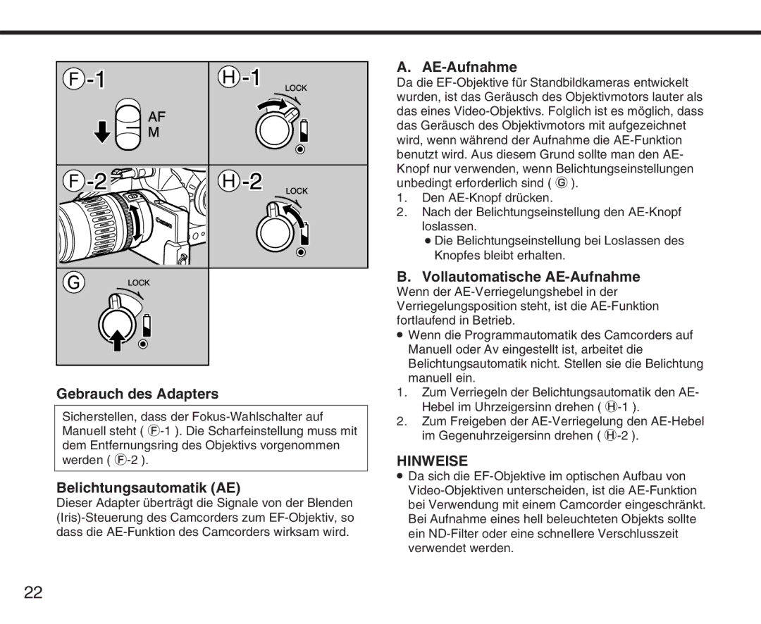 Canon XL manual Gebrauch des Adapters, Belichtungsautomatik AE, Vollautomatische AE-Aufnahme 