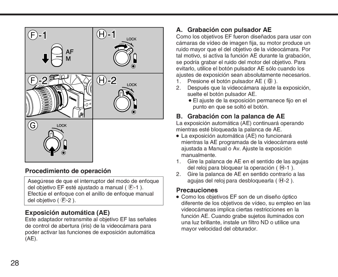 Canon XL Procedimiento de operación, Exposición automática AE, Grabación con pulsador AE, Grabación con la palanca de AE 