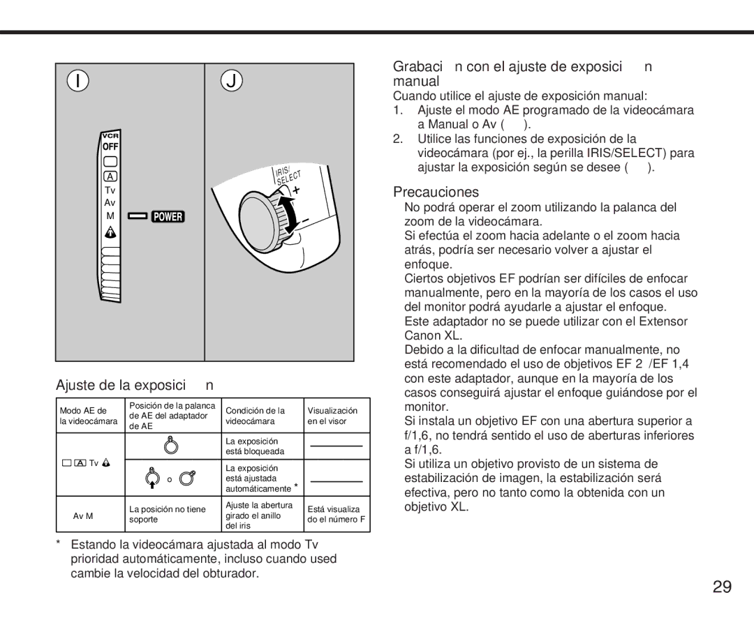 Canon XL Ajuste de la exposición, Grabación con el ajuste de exposición manual 