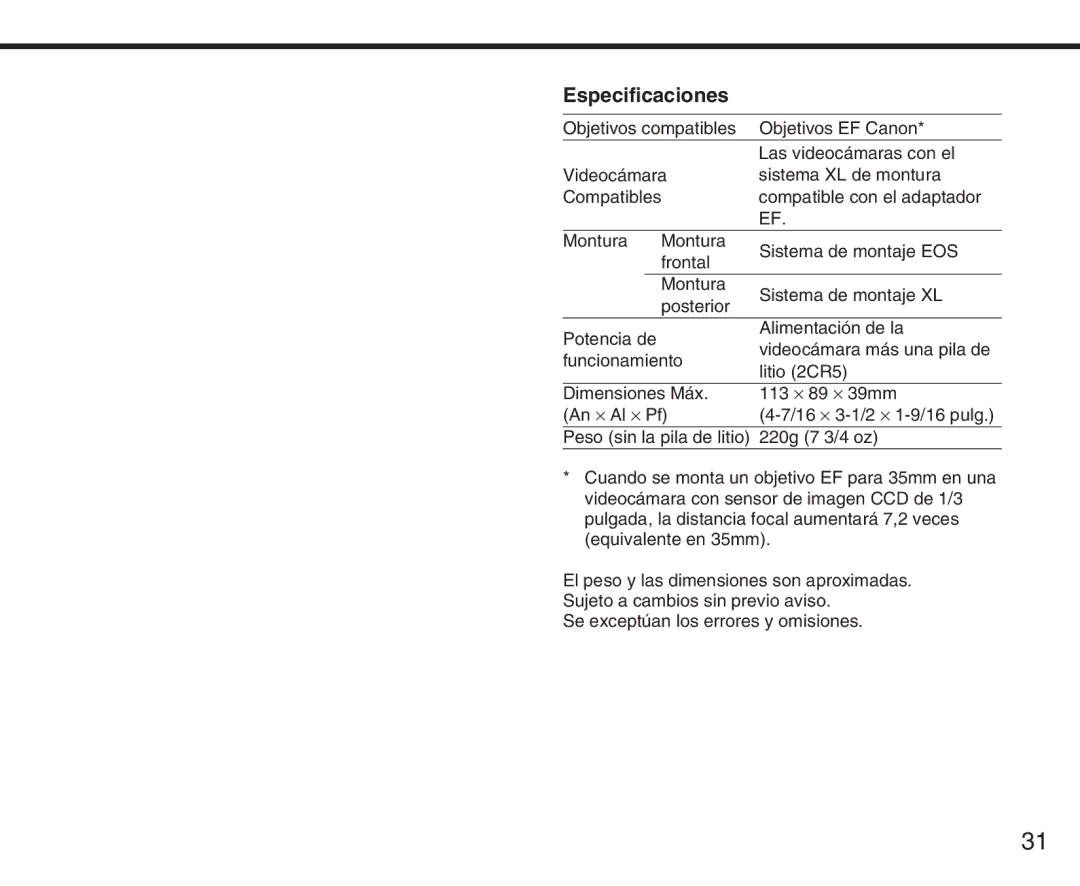 Canon XL manual Especificaciones 