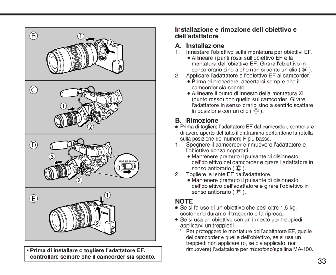 Canon XL manual Installazione e rimozione dell’obiettivo e dell’adattatore, Rimozione 