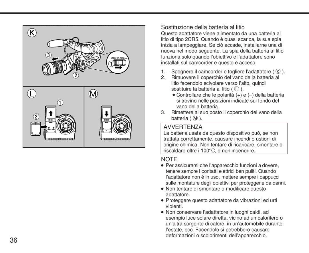 Canon XL manual Sostituzione della batteria al litio, Avvertenza 