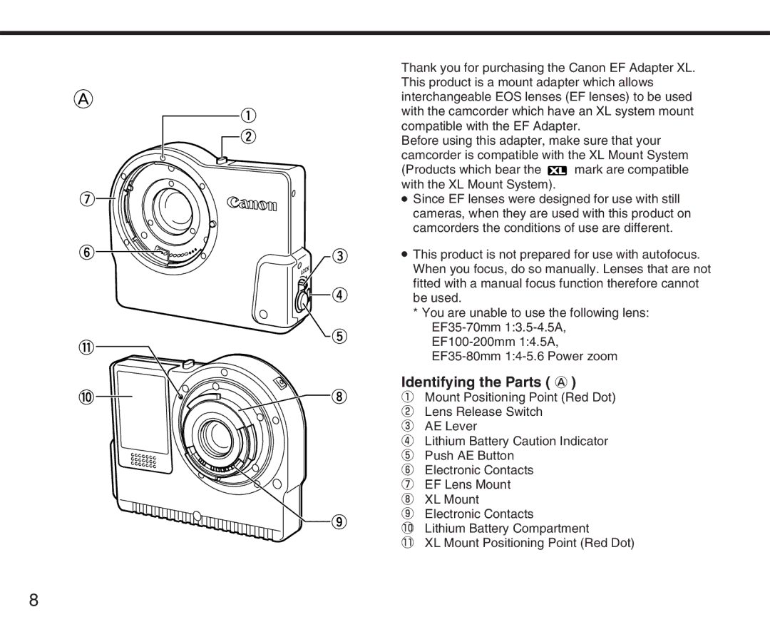 Canon XL manual Identifying the Parts a 