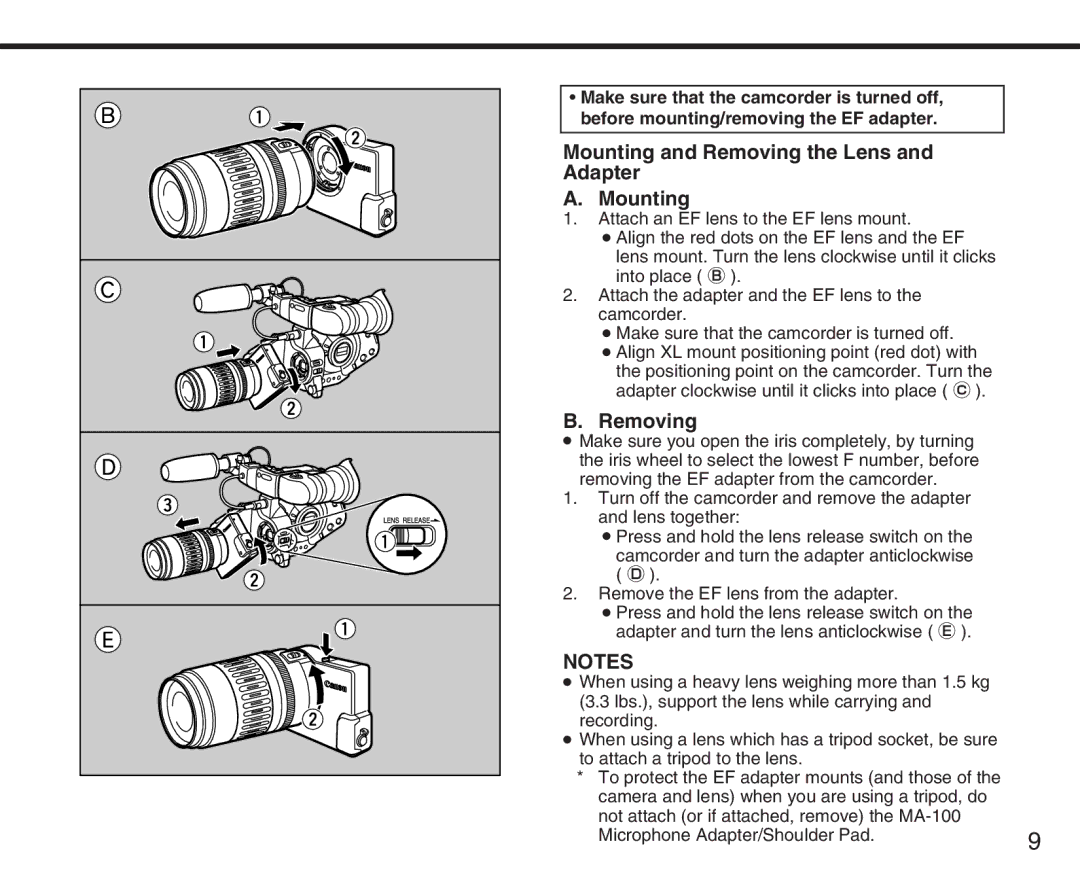 Canon XL manual Mounting and Removing the Lens Adapter 