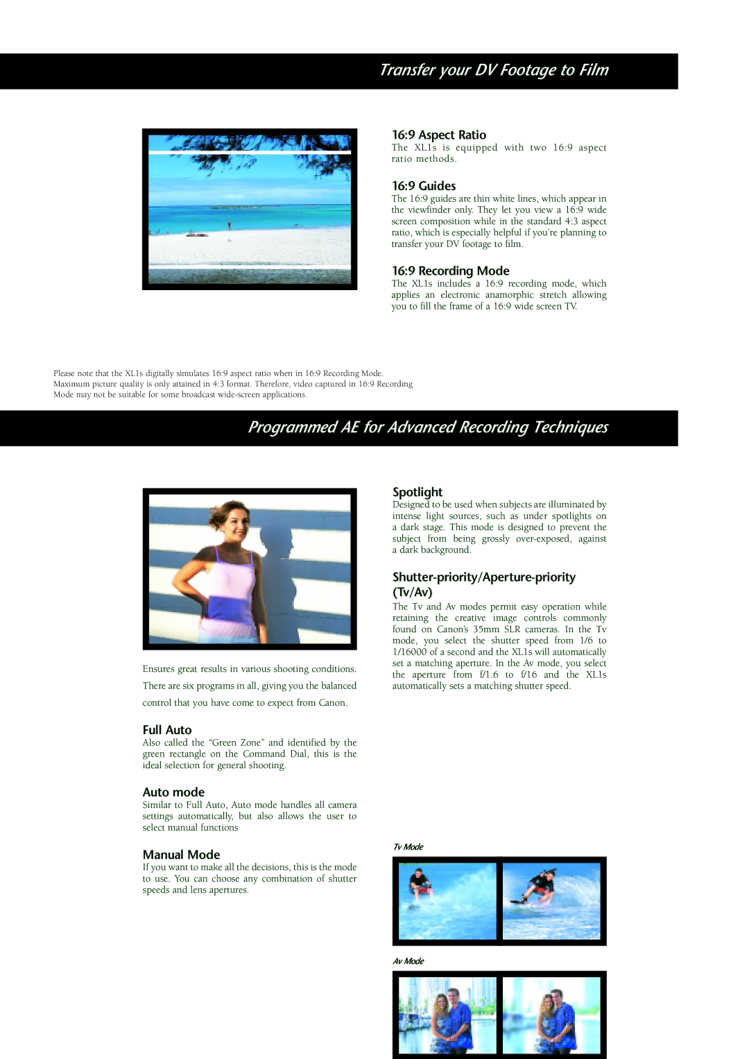 Canon XL1 S manual Transfer your DV Footage to Film, Programmed AE for Advanced Recording Techniques 