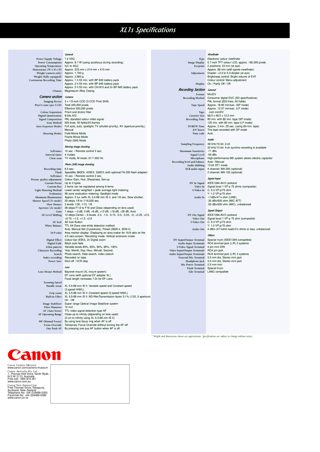 Canon XL1 S manual XL1s Specifications, Camera section 