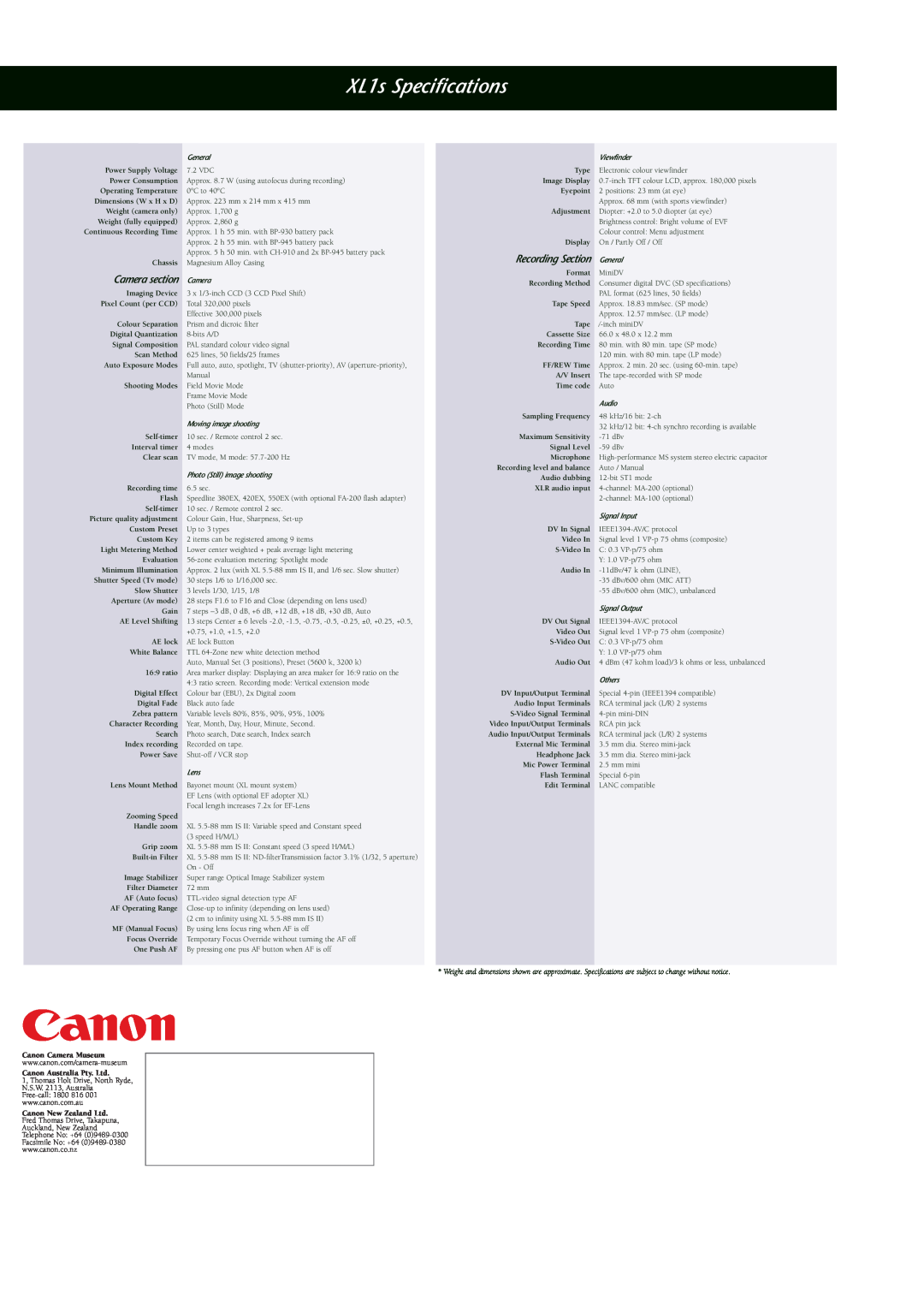 Canon XL1 S manual XL1s Specifications, Camera section 