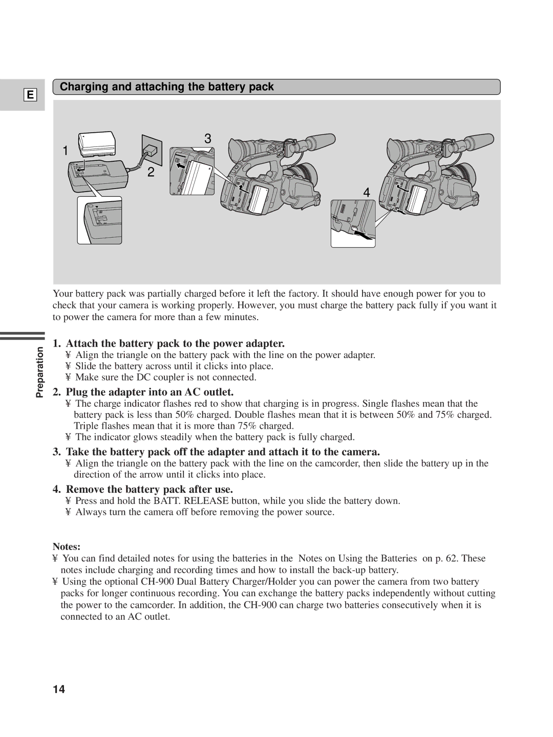 Canon XL1 instruction manual Charging and attaching the battery pack, Attach the battery pack to the power adapter 