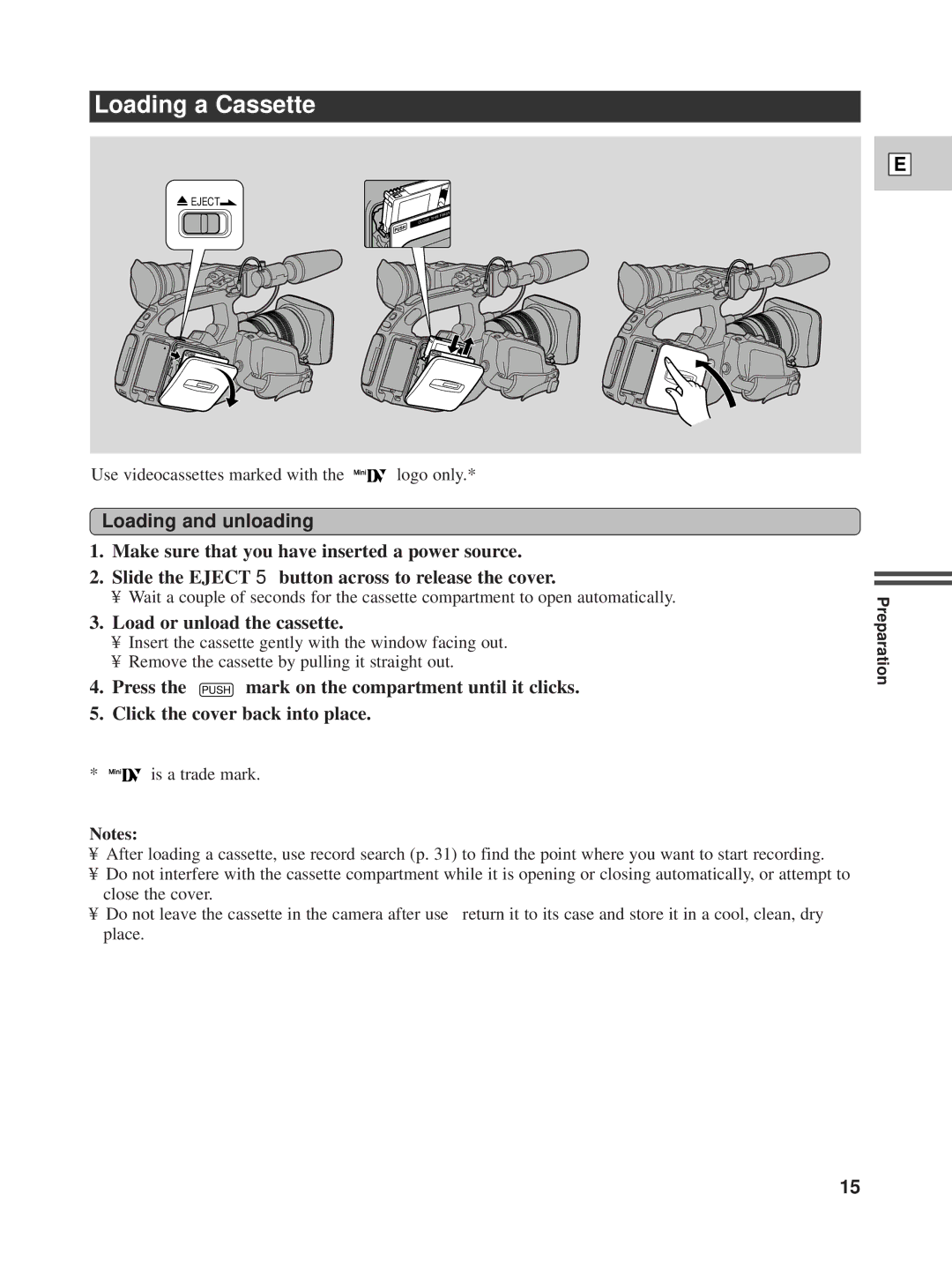 Canon XL1 instruction manual Loading a Cassette, Loading and unloading, Load or unload the cassette 