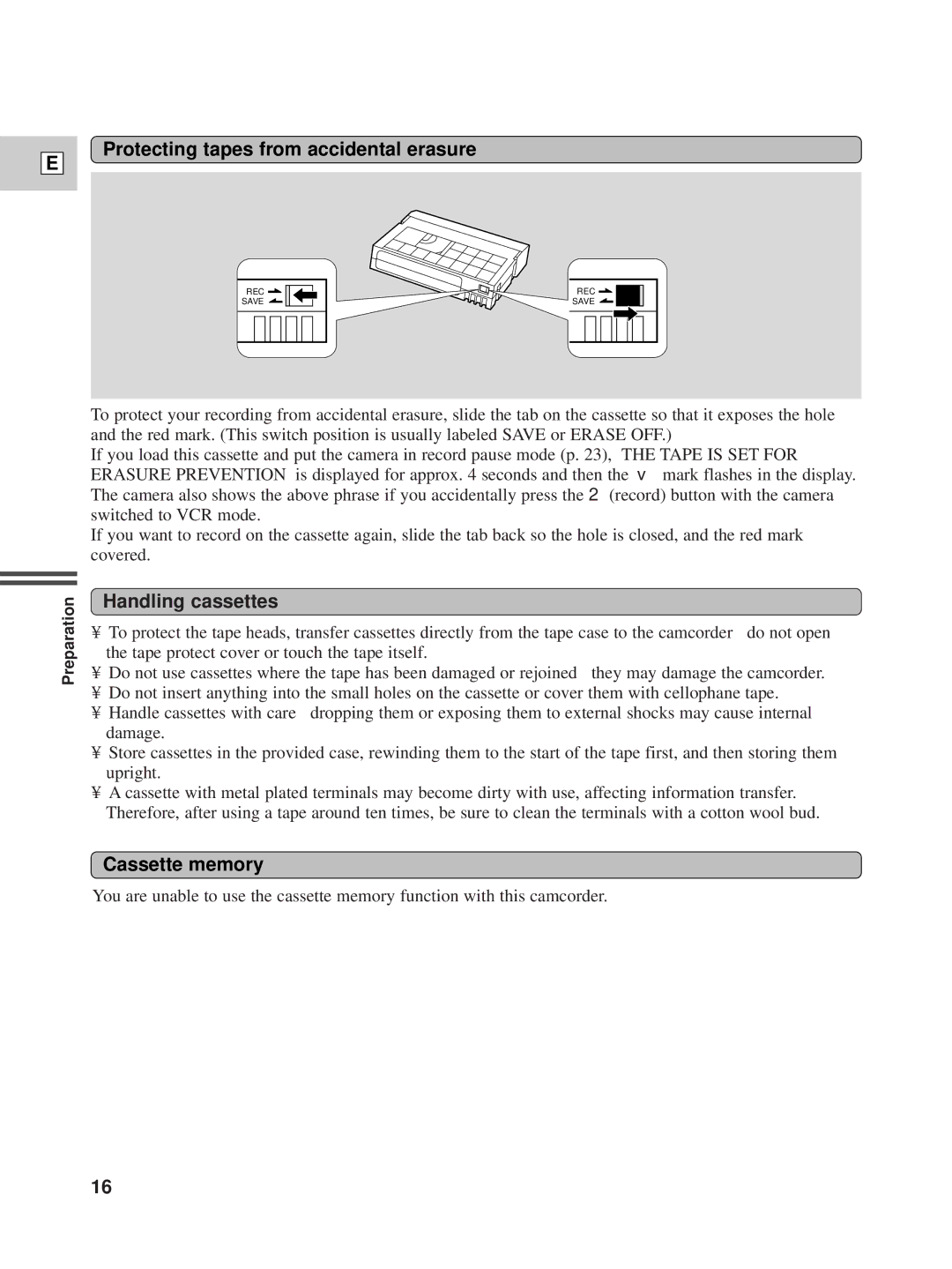 Canon XL1 instruction manual Protecting tapes from accidental erasure, Handling cassettes, Cassette memory 