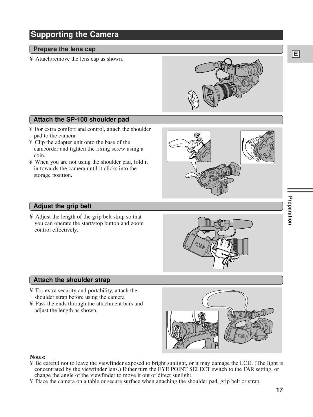 Canon XL1 Supporting the Camera, Prepare the lens cap, Attach the SP-100 shoulder pad, Adjust the grip belt 