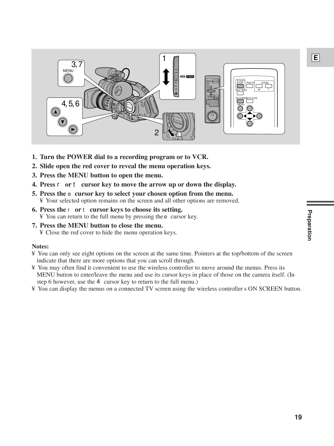 Canon XL1 instruction manual Press the r or t cursor keys to choose its setting, Press the Menu button to close the menu 