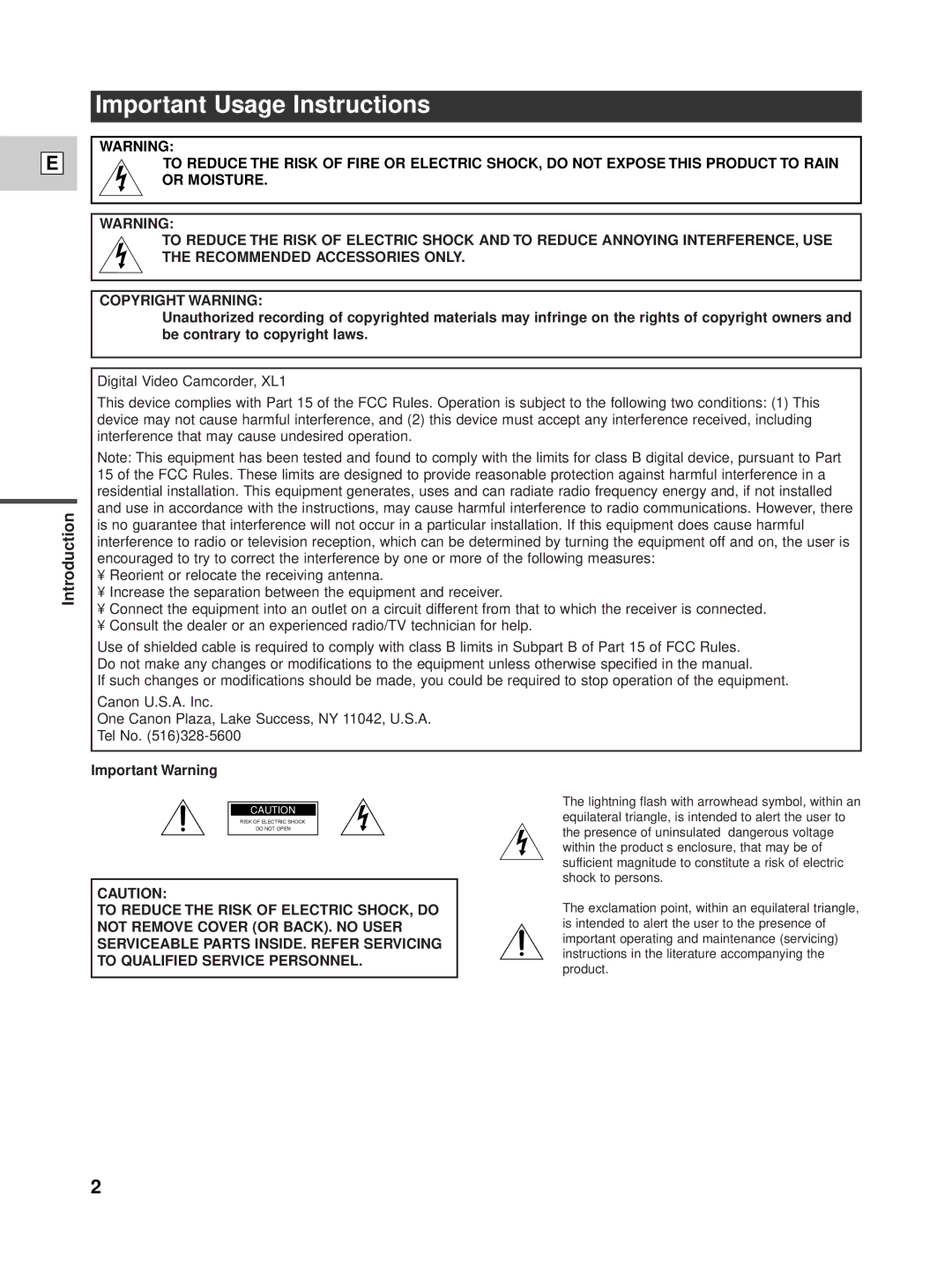 Canon XL1 instruction manual Important Usage Instructions, Introduction 