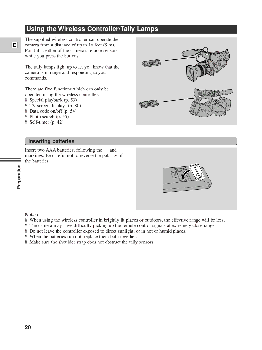 Canon XL1 instruction manual Using the Wireless Controller/Tally Lamps, Inserting batteries 